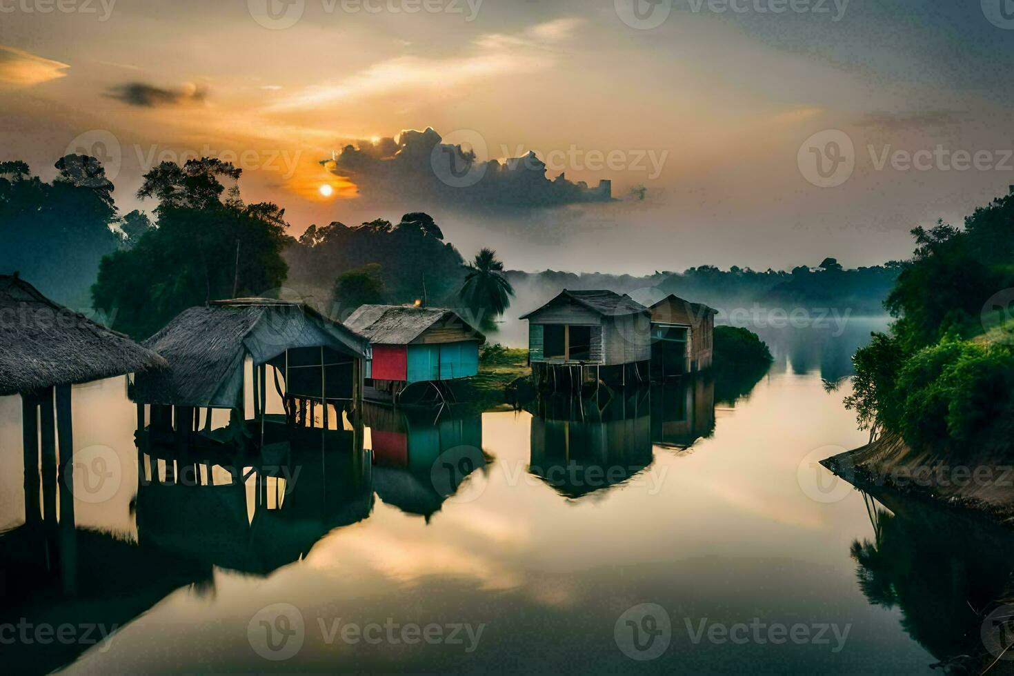 the sun rises over a river and some small huts. AI-Generated photo
