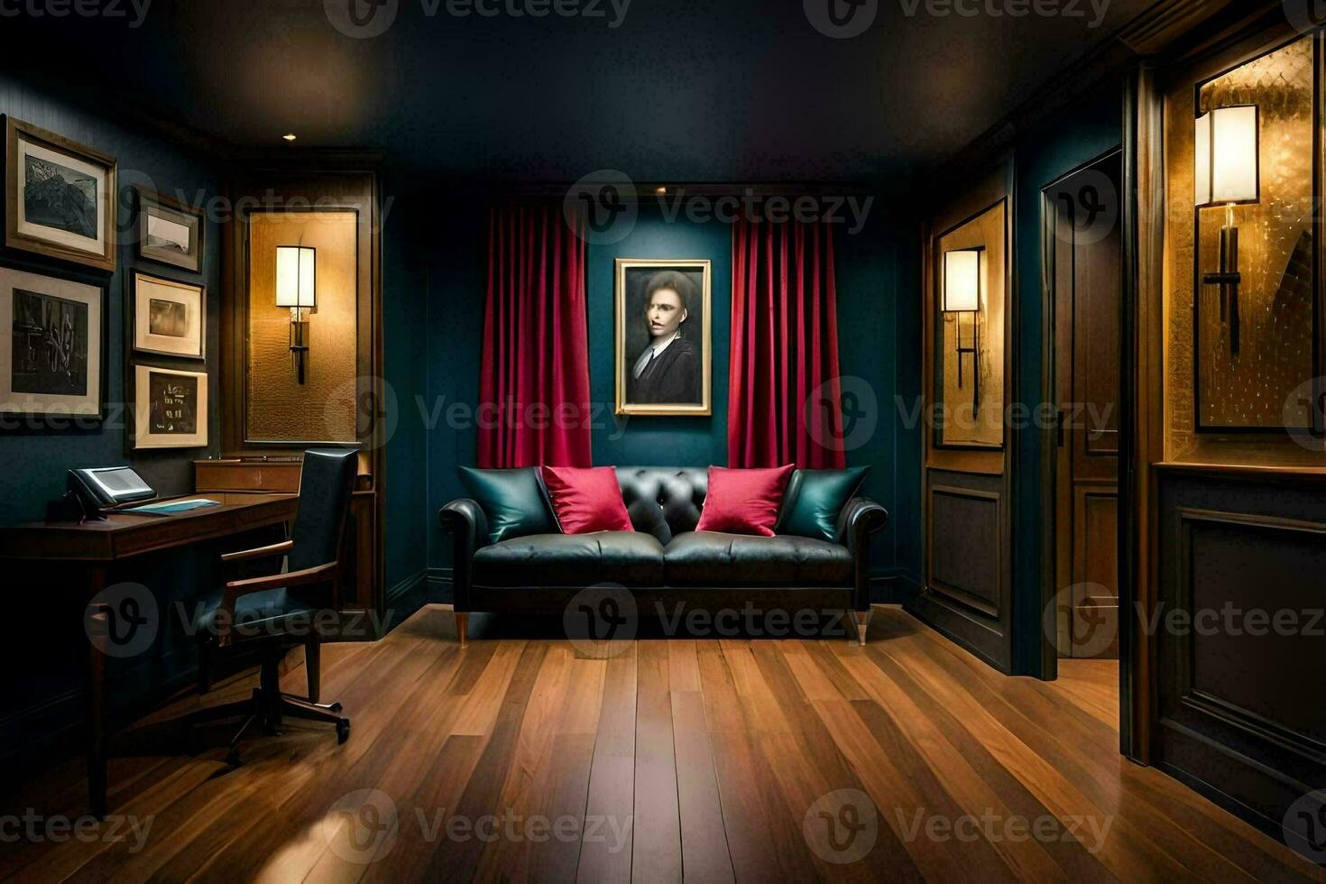 the room has dark blue walls and a red curtain. AI-Generated photo