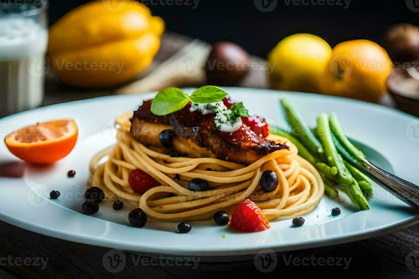 the food is served on a plate with a fork and a spoon. AI-Generated photo