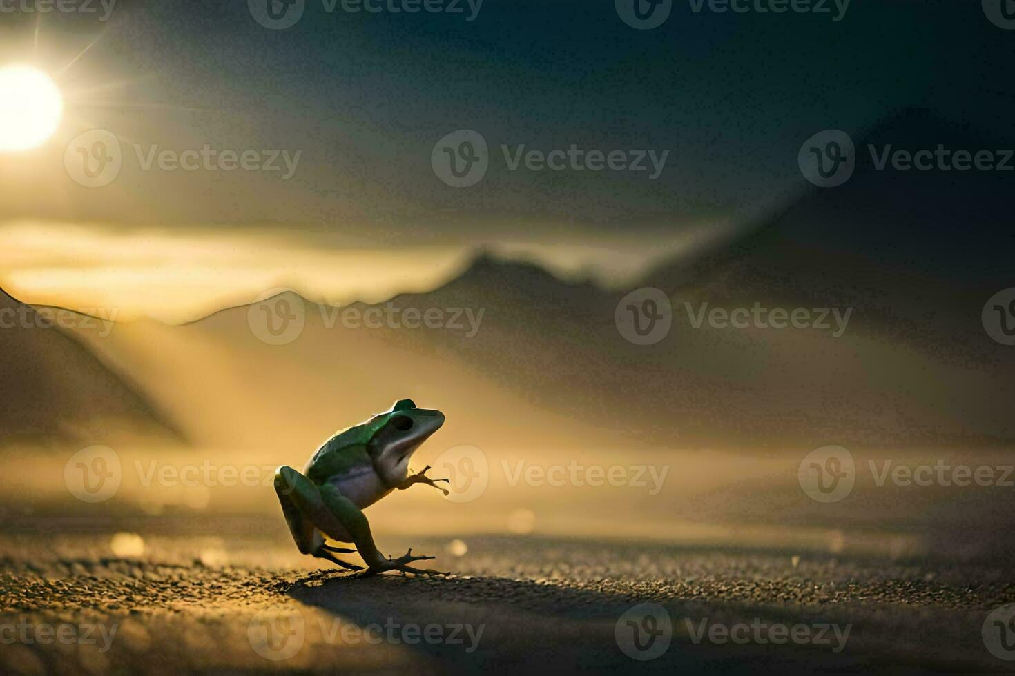 a frog is standing on a beach in front of the sun. AI-Generated photo