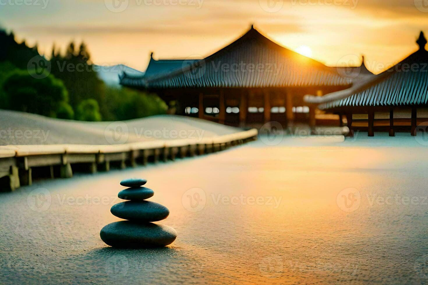 a stone stack in front of a pagoda at sunset. AI-Generated photo