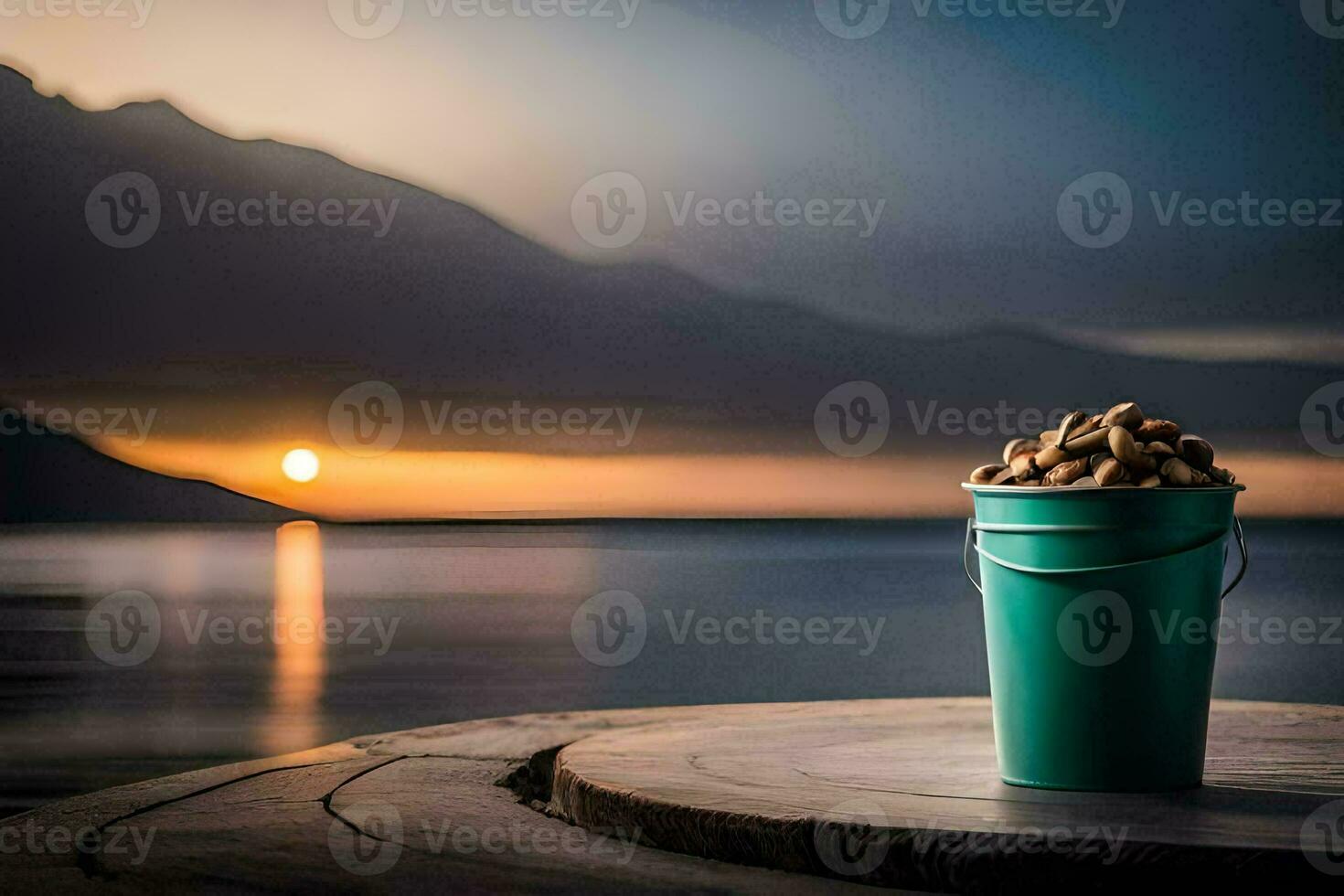 a bucket of nuts on a wooden table in front of the sea. AI-Generated photo
