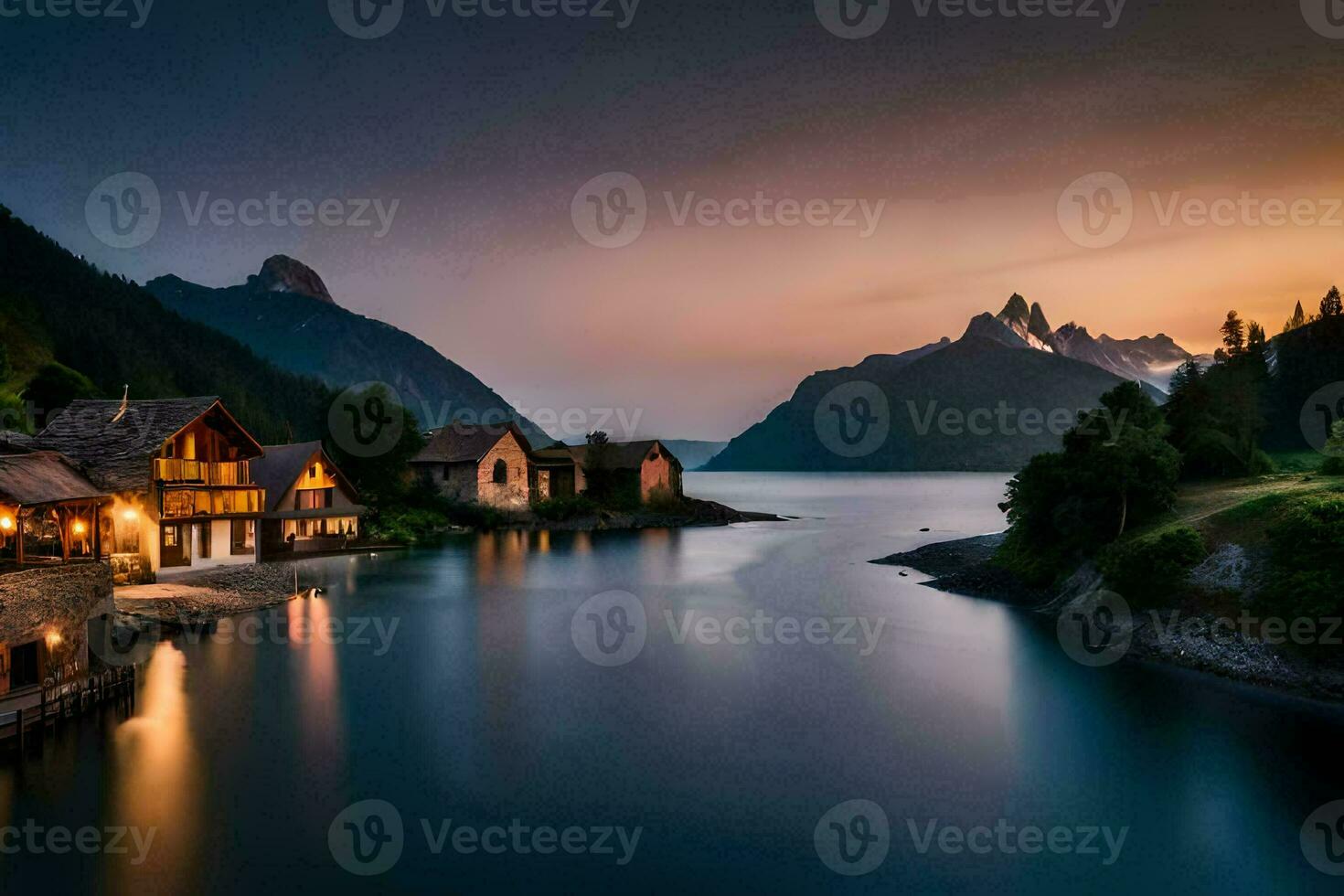 photo wallpaper the sky, mountains, lake, house, sunset, the mountains, the lake,. AI-Generated