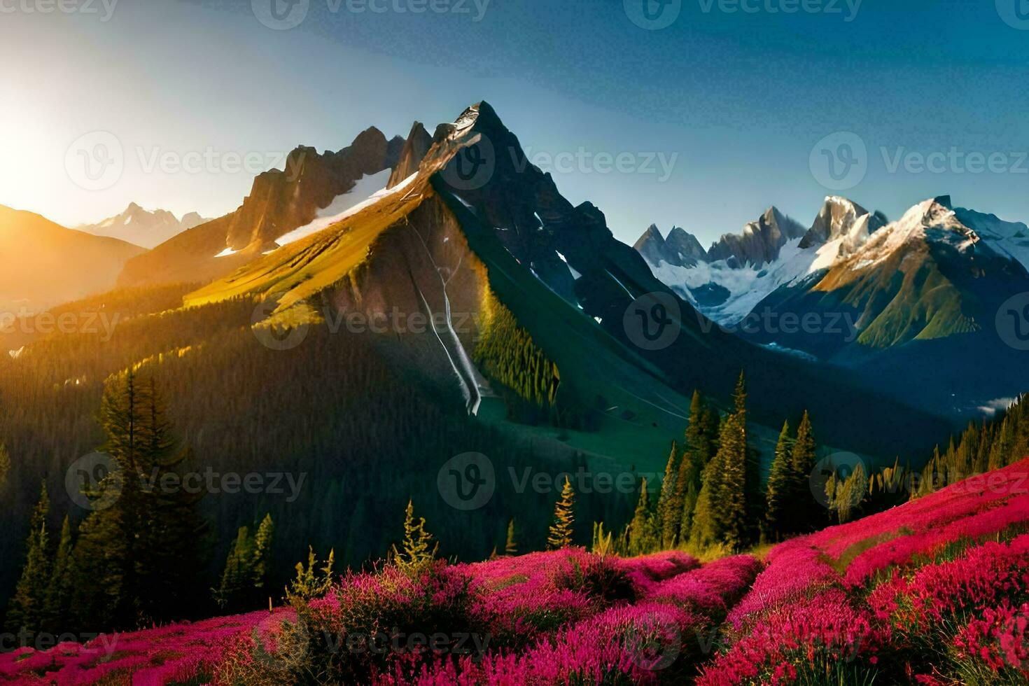 el Dom brilla terminado un montaña rango con rosado flores generado por ai foto