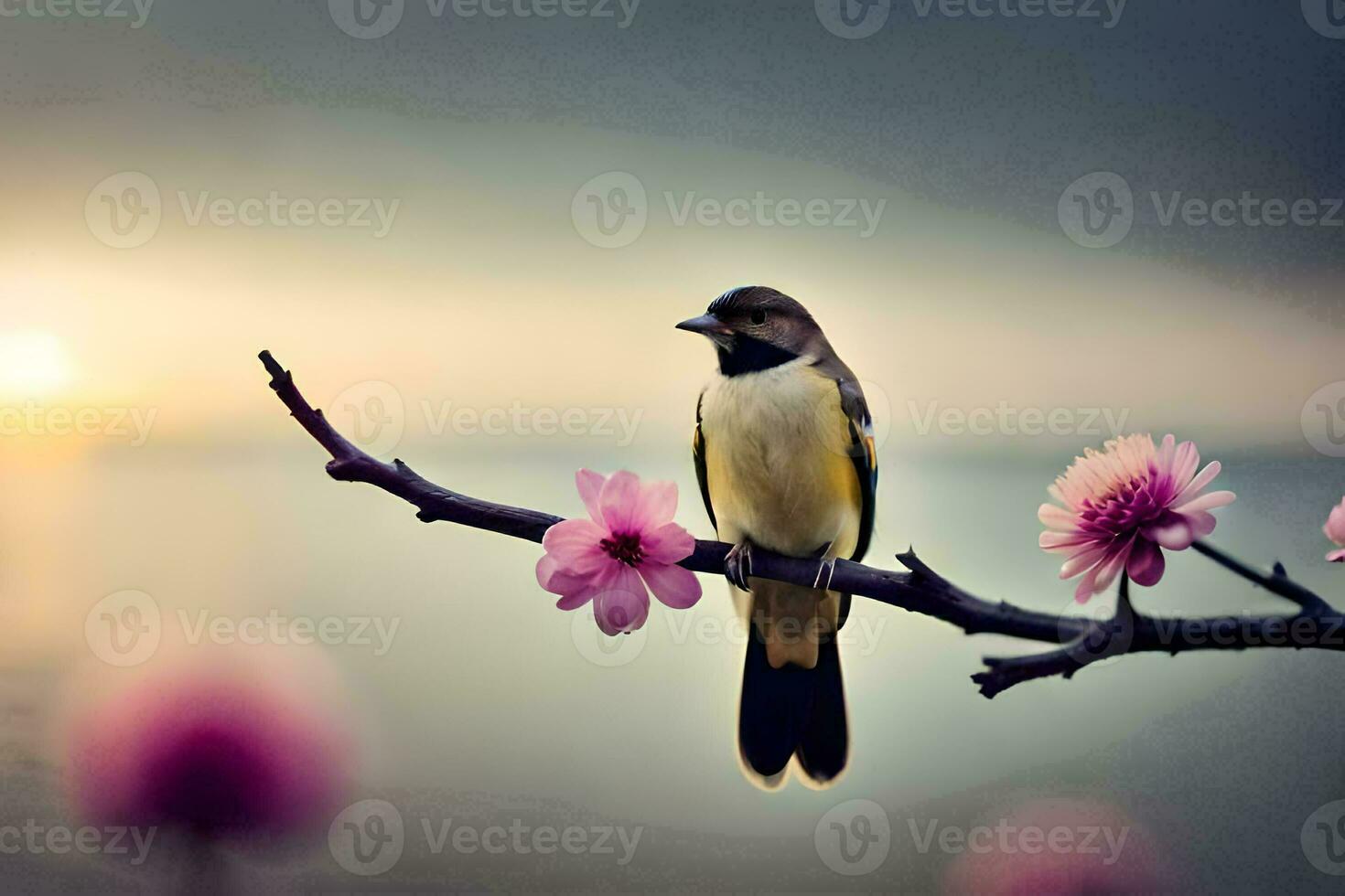 a bird sits on a branch with pink flowers. AI-Generated photo
