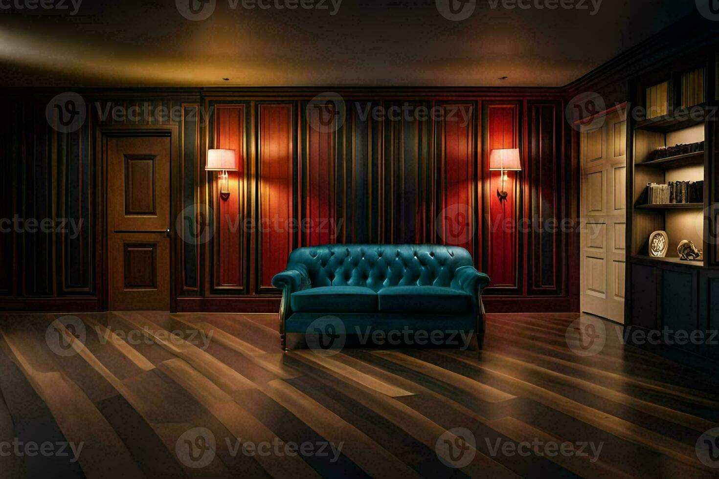 a room with a blue couch and wooden floors. AI-Generated photo