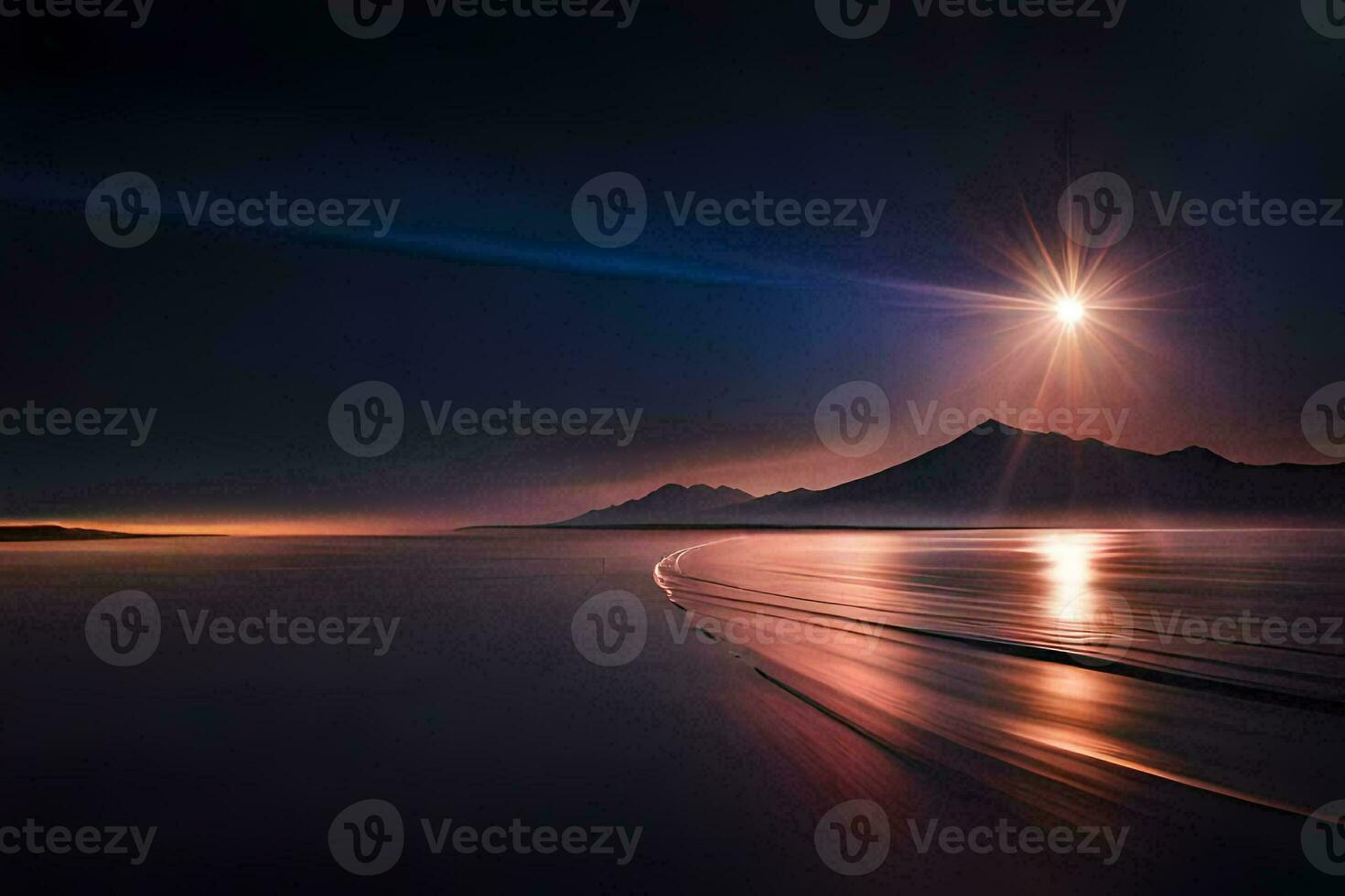 the sun shines over a mountain and a beach at night. AI-Generated photo