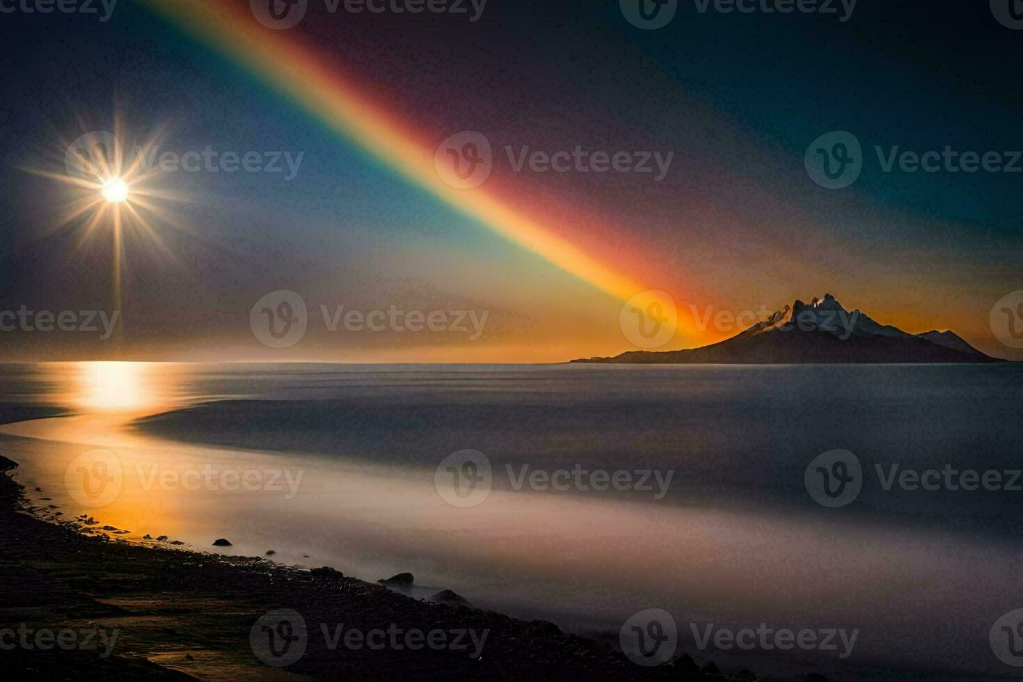 a rainbow over the ocean and a mountain. AI-Generated photo