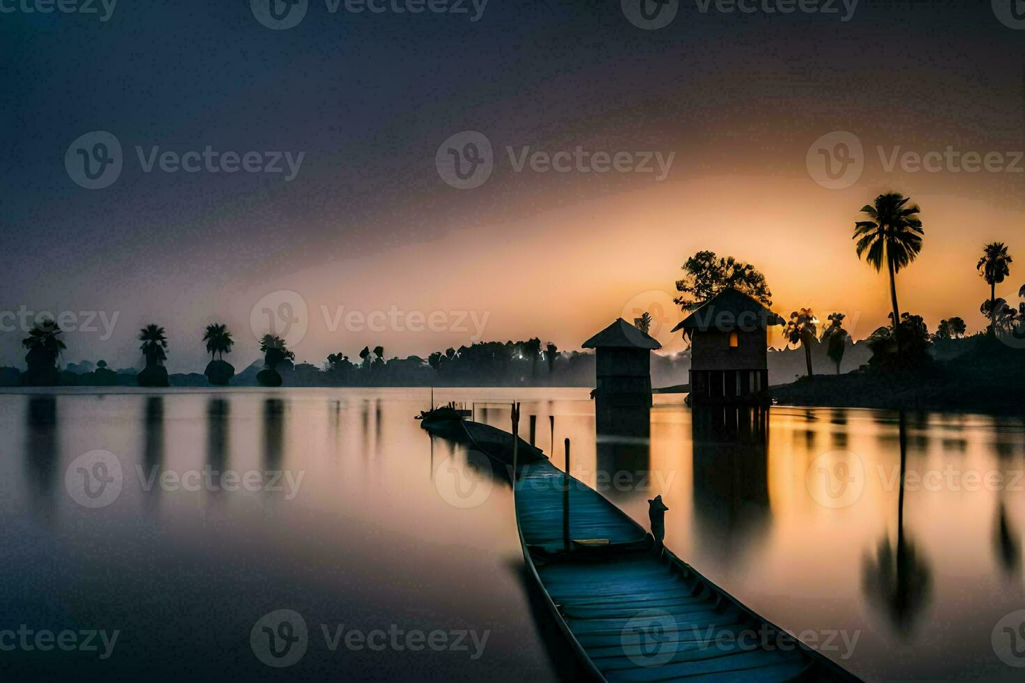 a long pier in the middle of a lake at sunrise. AI-Generated photo