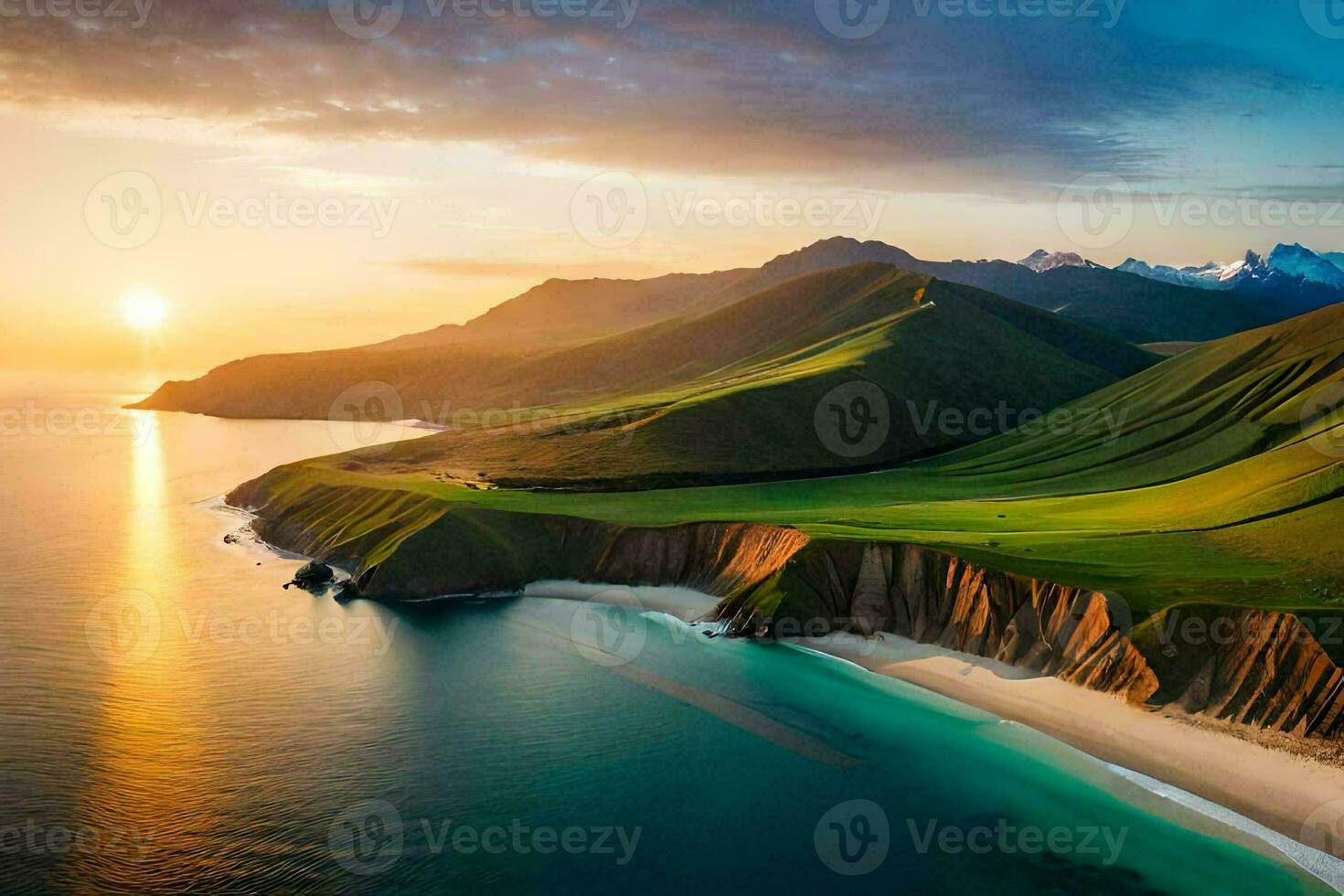 the sun sets over a green mountain range and a beach. AI-Generated photo