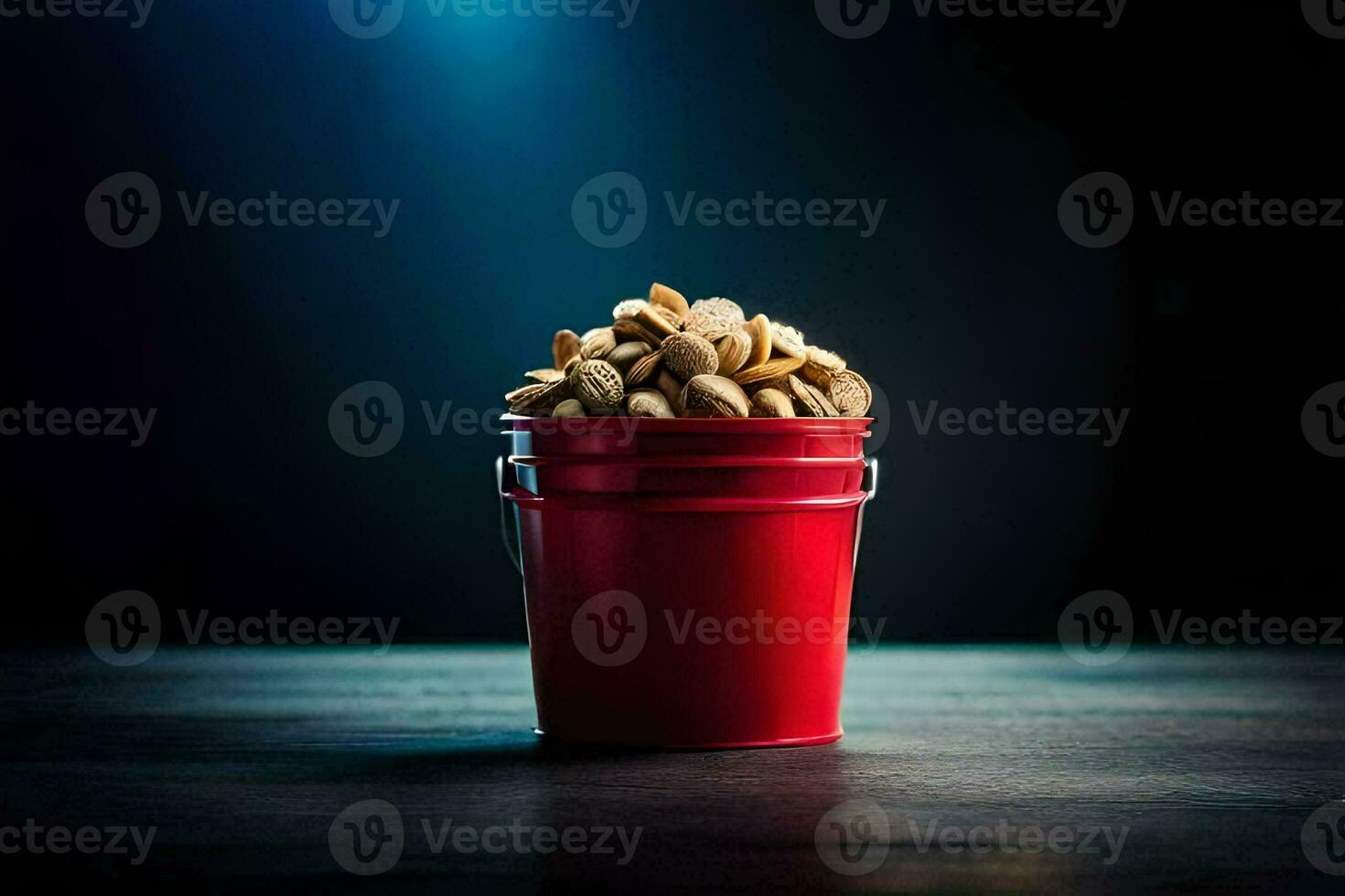a red bucket filled with peanuts on a dark table. AI-Generated photo