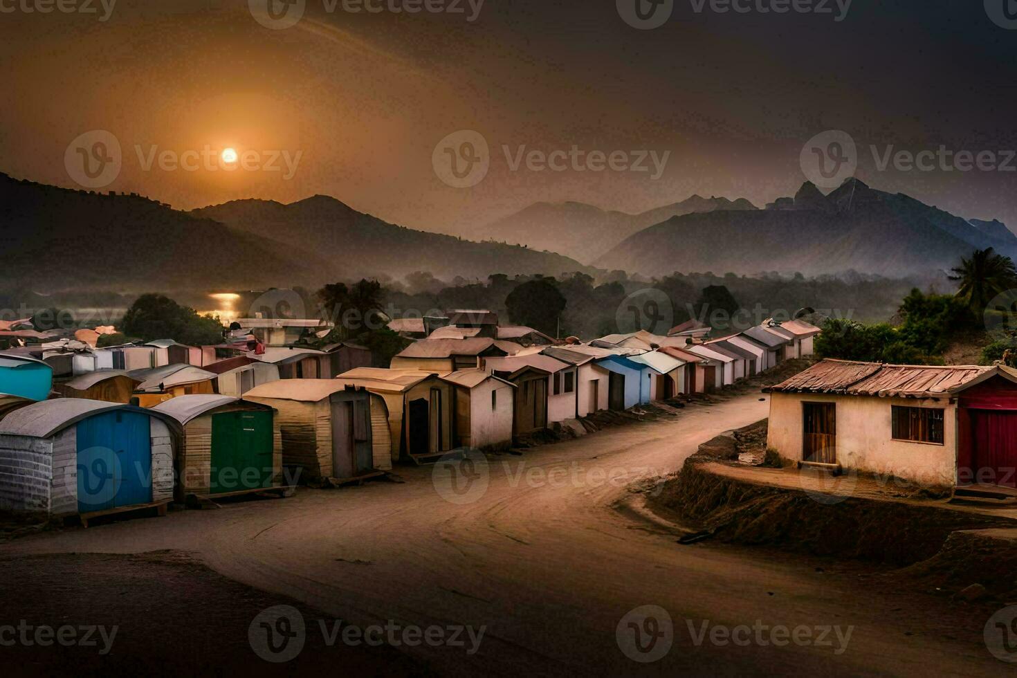 a village of wooden huts in the middle of a desert. AI-Generated photo