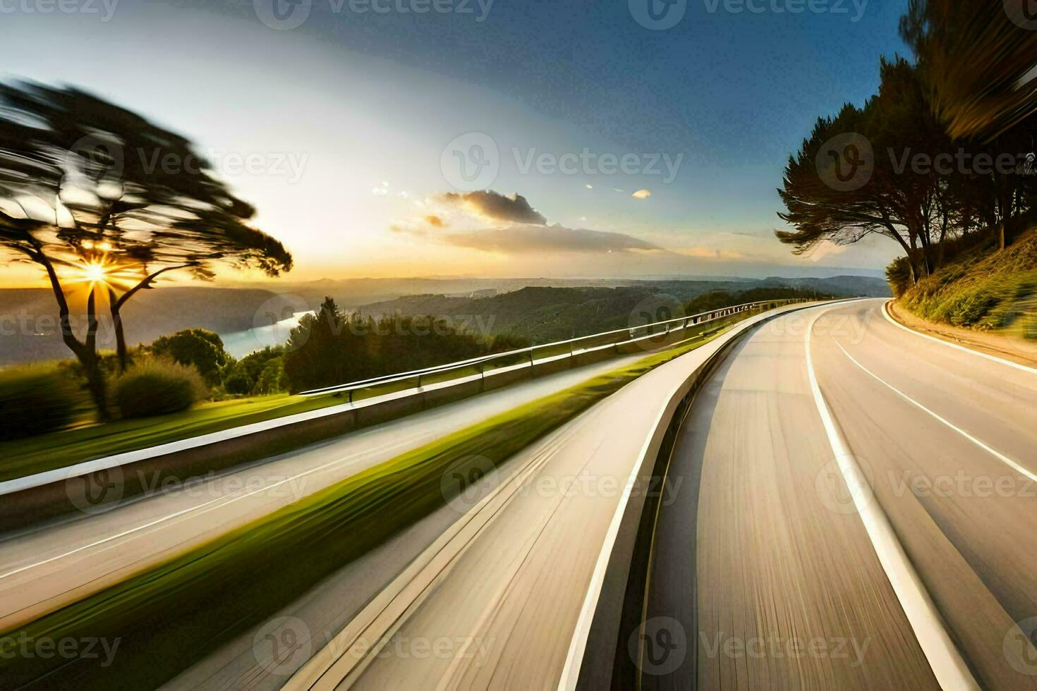 a car driving on a highway at sunset. AI-Generated photo