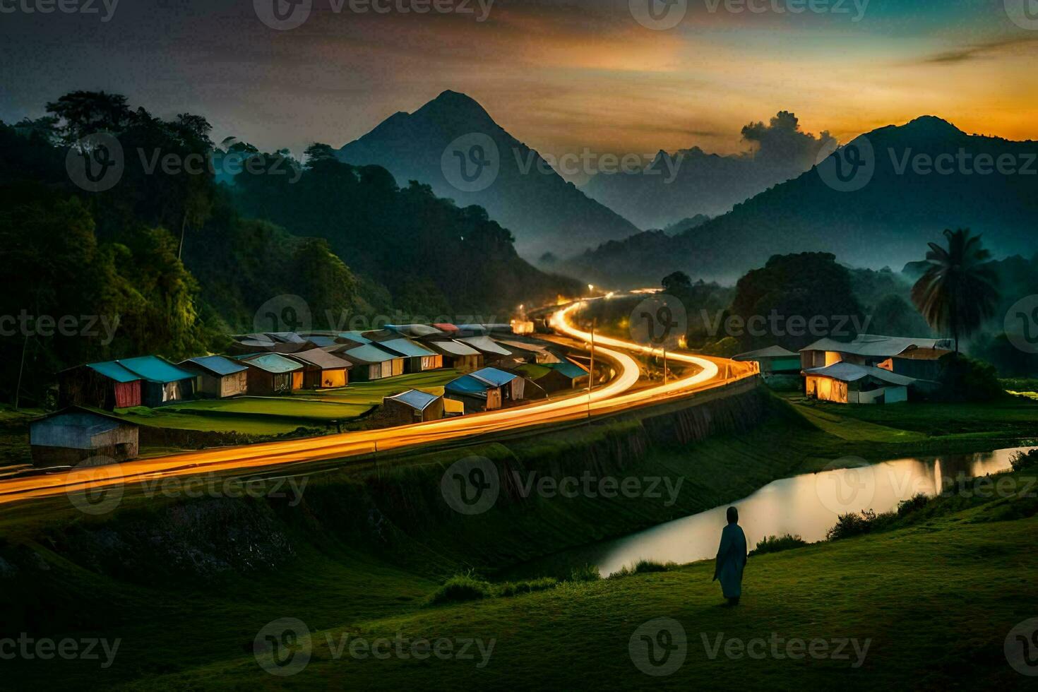 el la carretera a el aldea. generado por ai foto