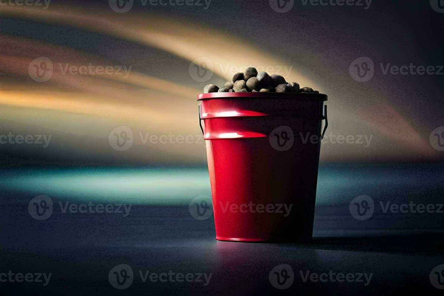 a red bucket filled with beans on a dark background. AI-Generated photo