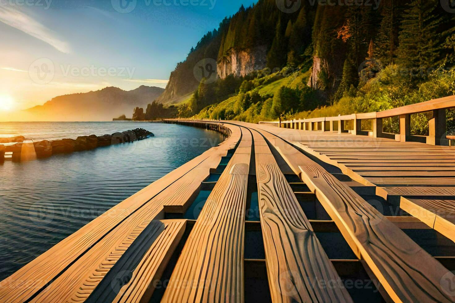 a wooden boardwalk leads to the ocean and mountains. AI-Generated photo