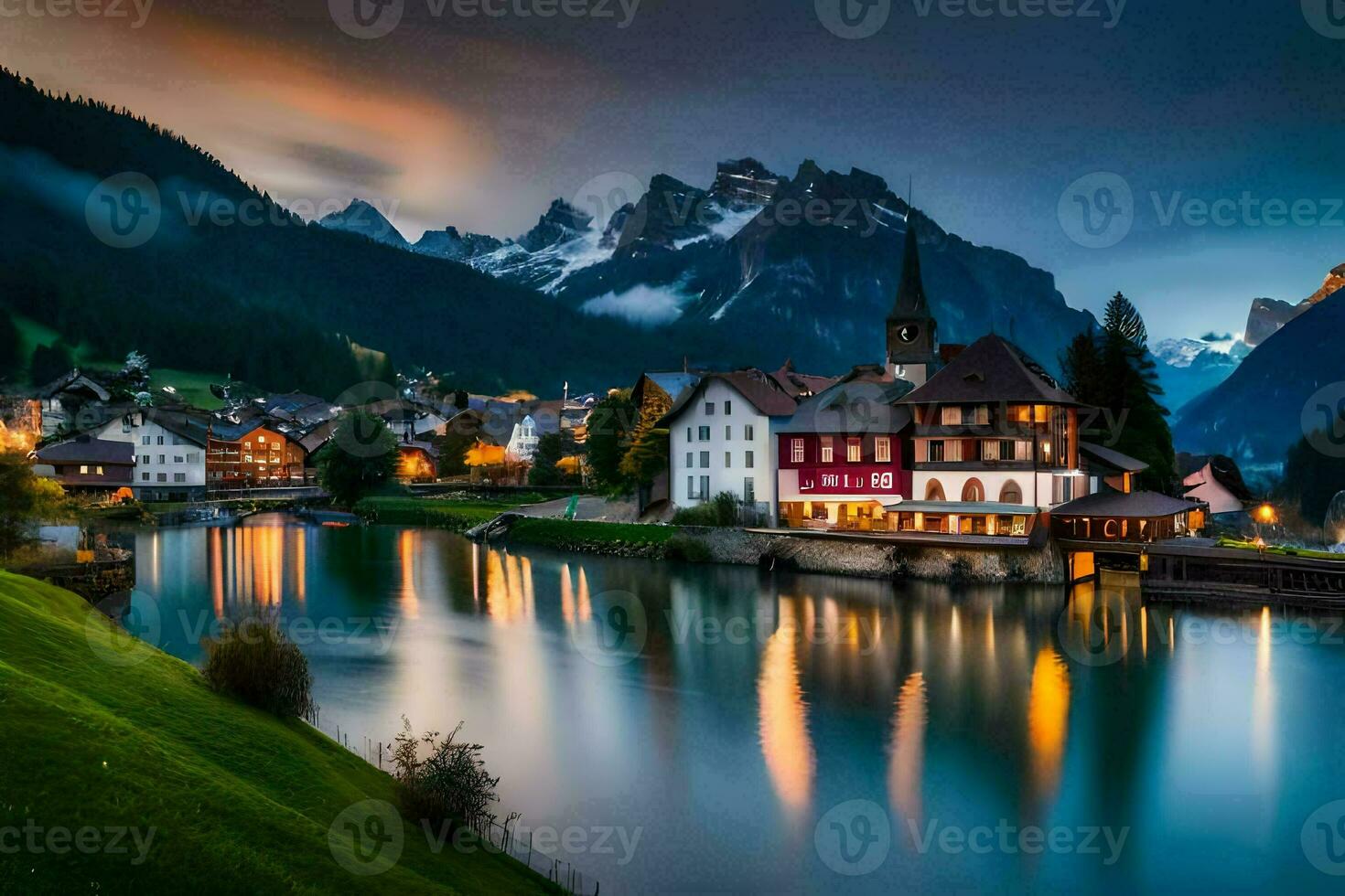 a town sits on the banks of a river in the mountains. AI-Generated photo