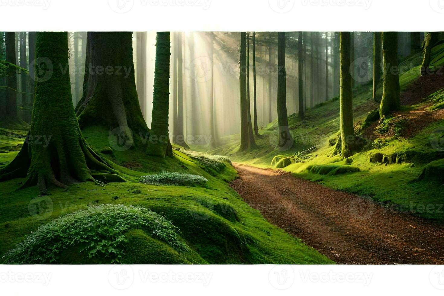 a path through a green forest with mossy trees. AI-Generated photo