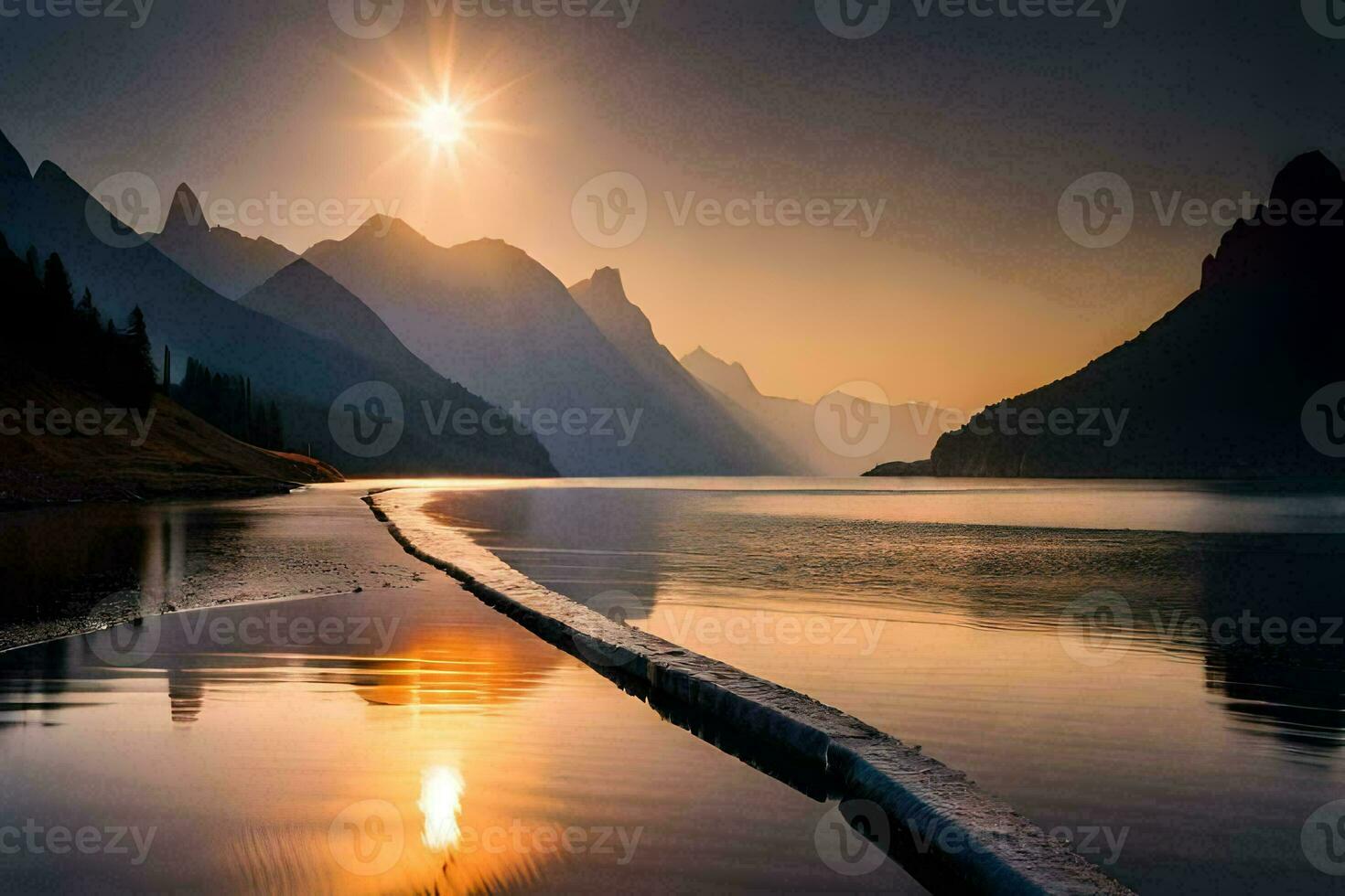 the sun rises over a lake and mountains. AI-Generated photo