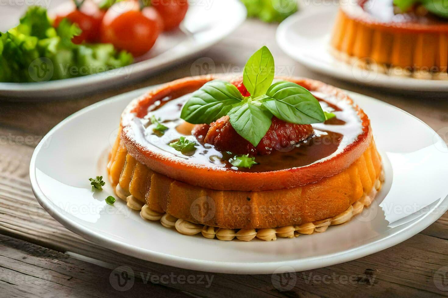 two small desserts on white plates with tomatoes. AI-Generated photo