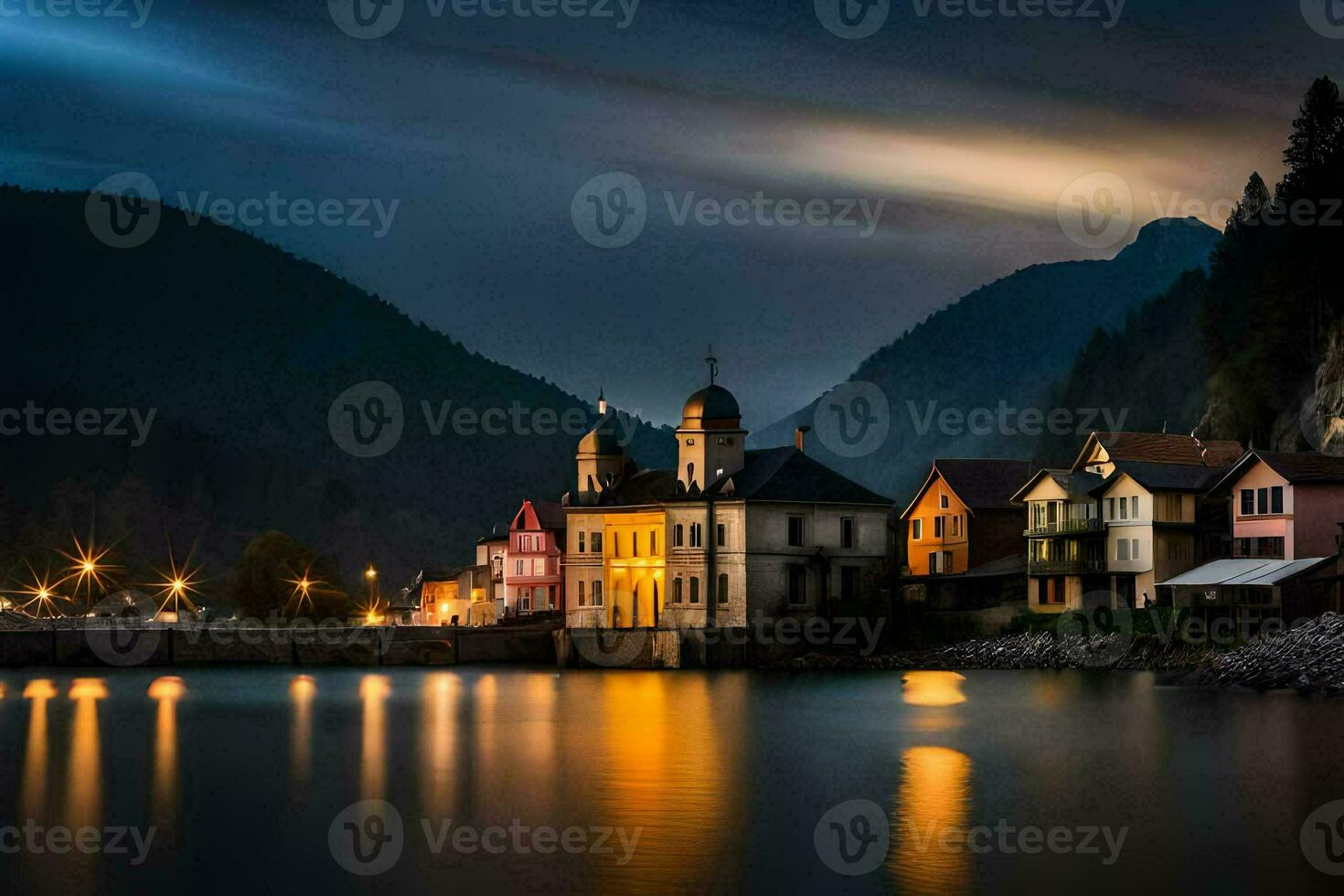 foto fondo de pantalla el cielo, montañas, lago, casas, el noche, el luna, el montañas. generado por ai