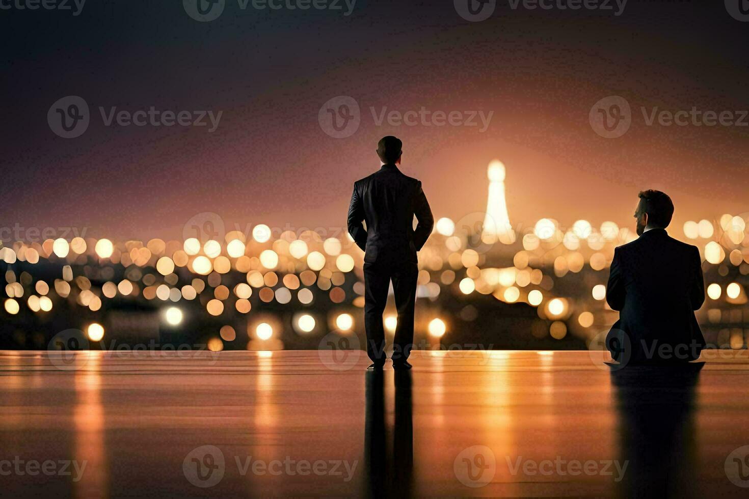 two men in suits stand on a balcony overlooking the city at night. AI-Generated photo