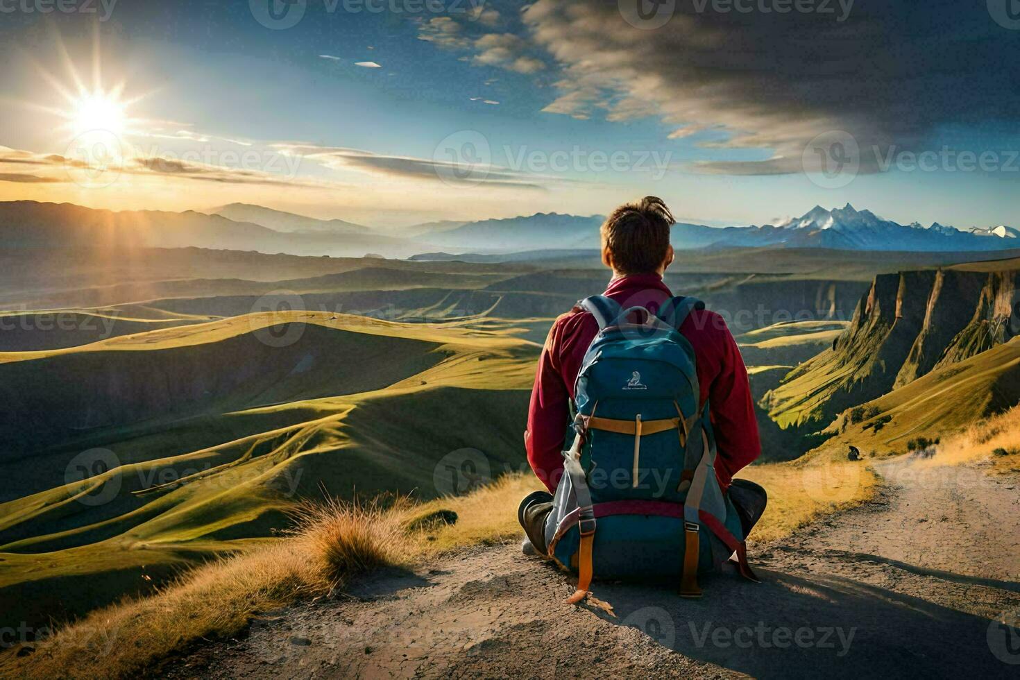 a woman with a backpack sits on a hill overlooking the mountains. AI-Generated photo