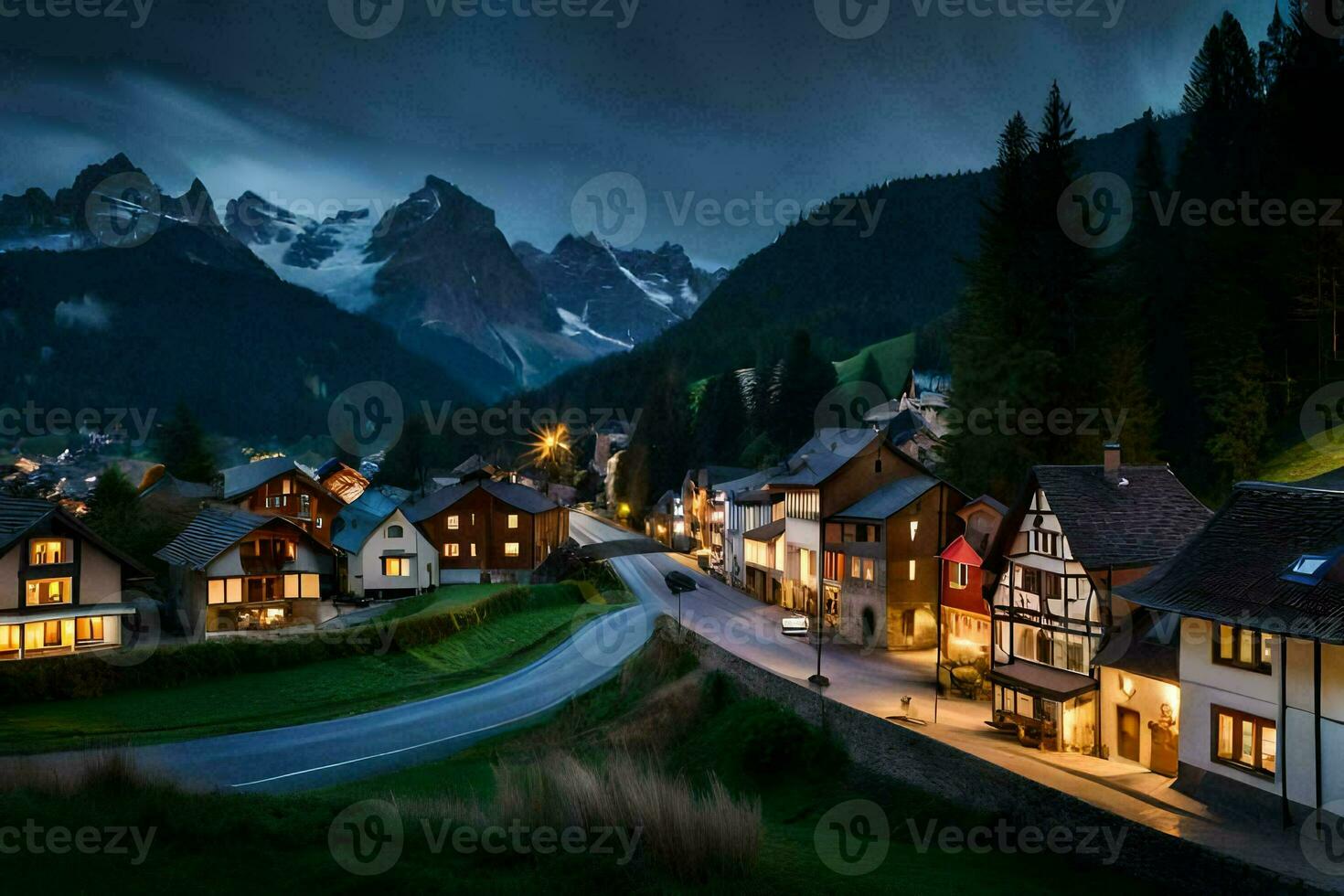 a town in the mountains at night. AI-Generated photo