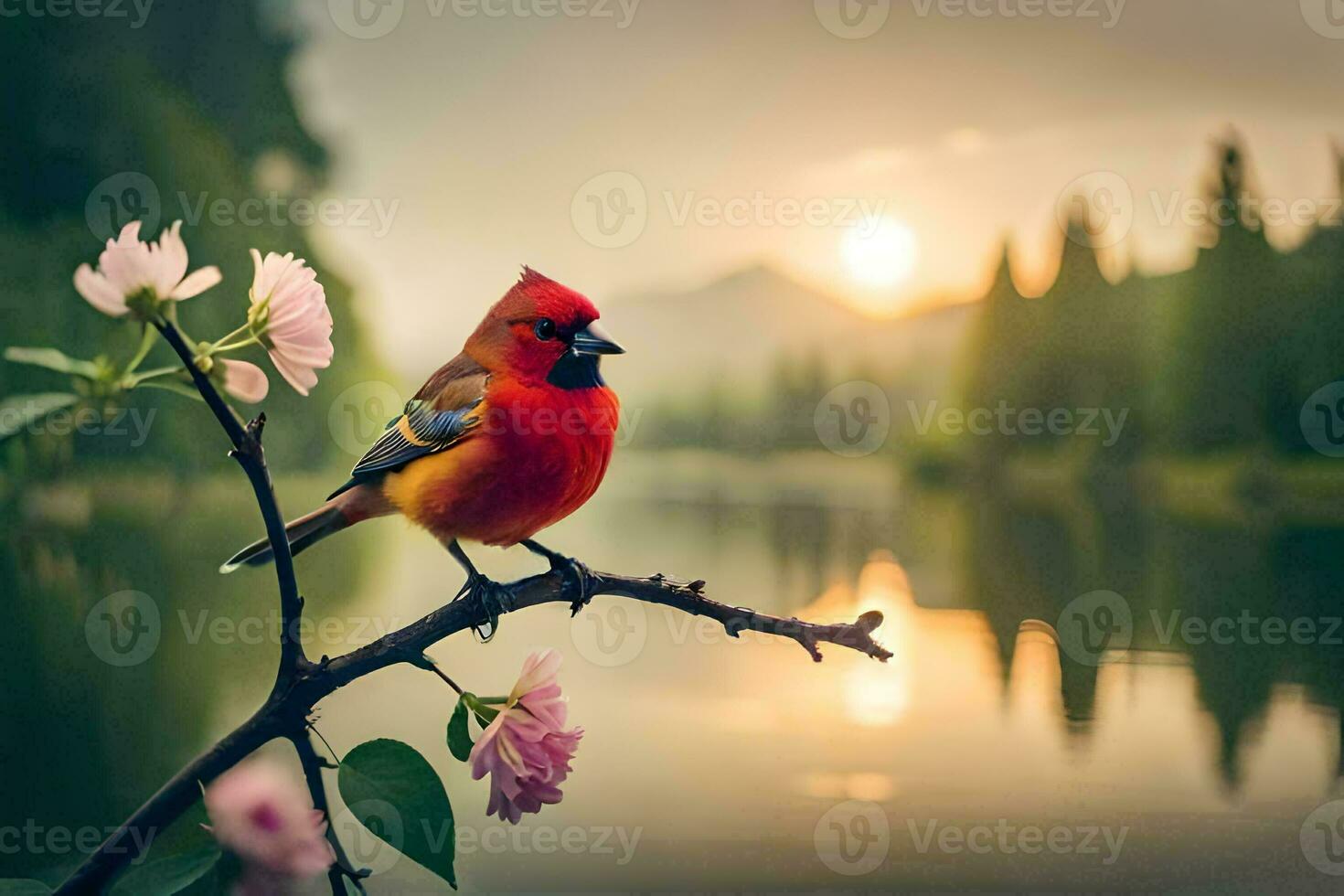 a red bird sits on a branch near a lake. AI-Generated photo
