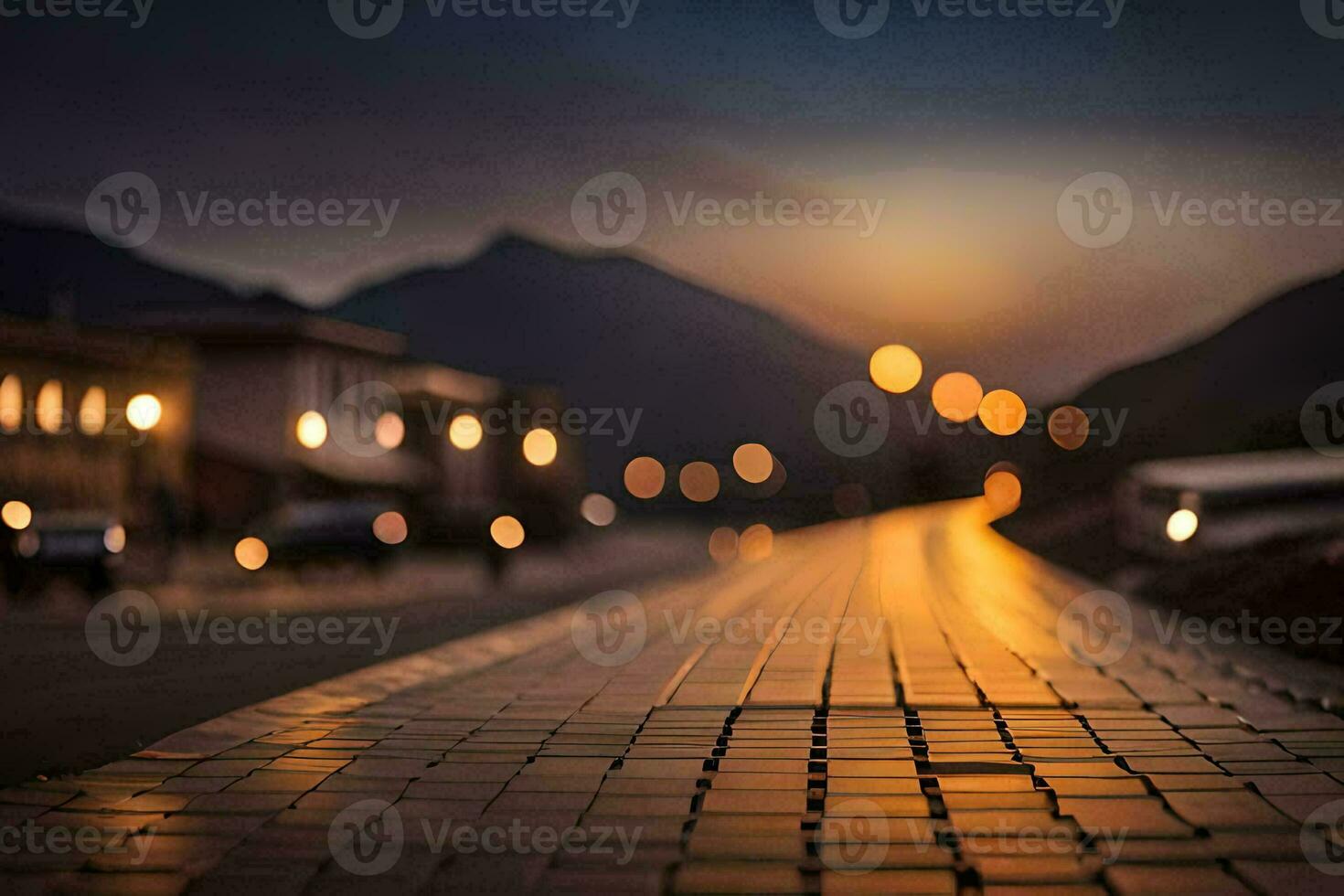 a street with lights on it at night. AI-Generated photo