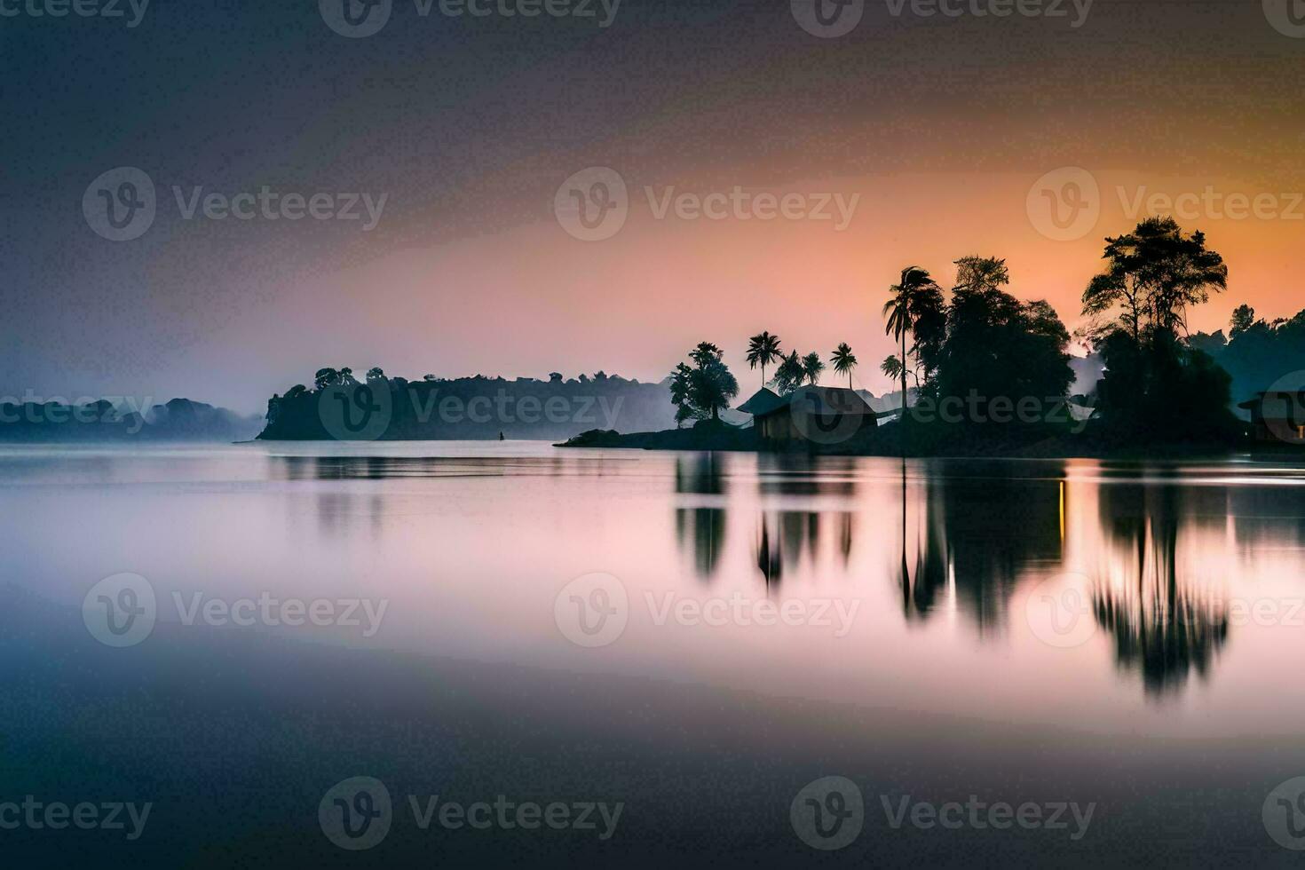 a lake at sunset with a house on the shore. AI-Generated photo