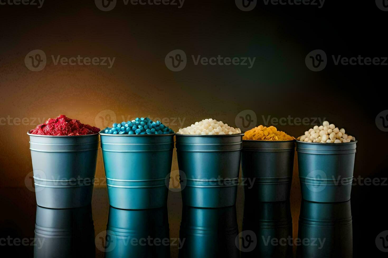 a row of colorful cups with different colored rice. AI-Generated photo