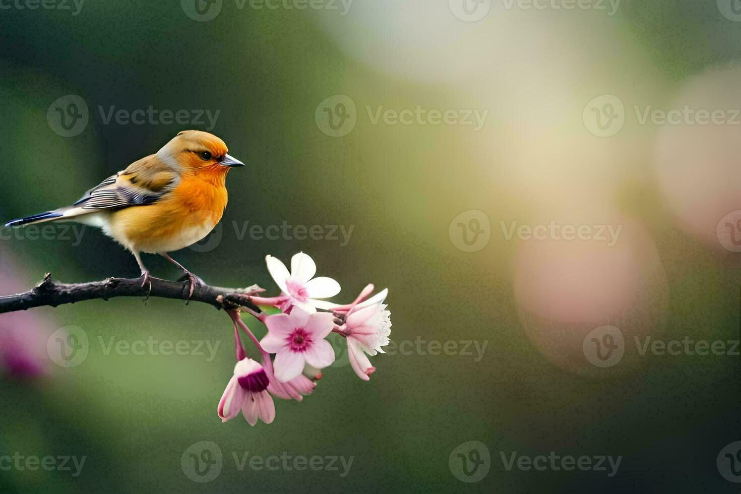 a bird sits on a branch with pink flowers. AI-Generated photo