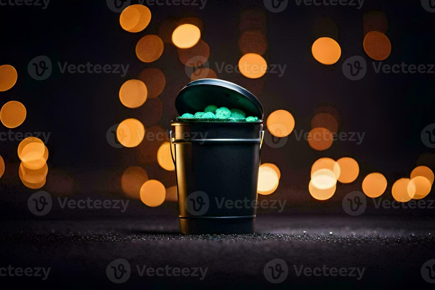 a trash can with green lights in the background. AI-Generated photo