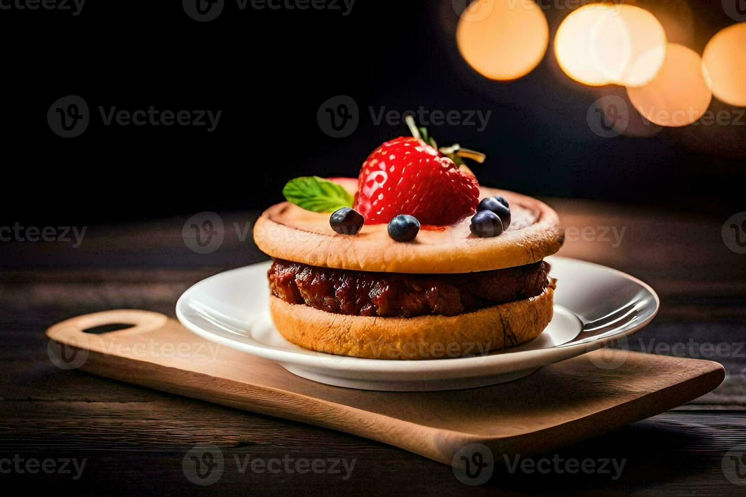 a hamburger with strawberries and a slice of cheese. AI-Generated photo