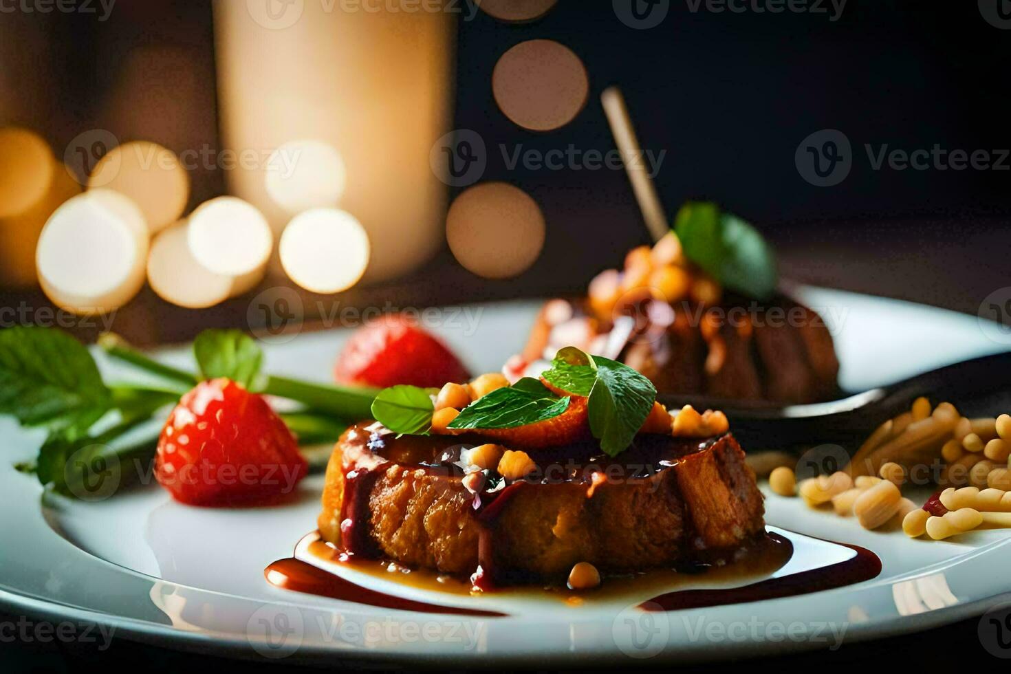 a plate with food on it and a candle. AI-Generated photo
