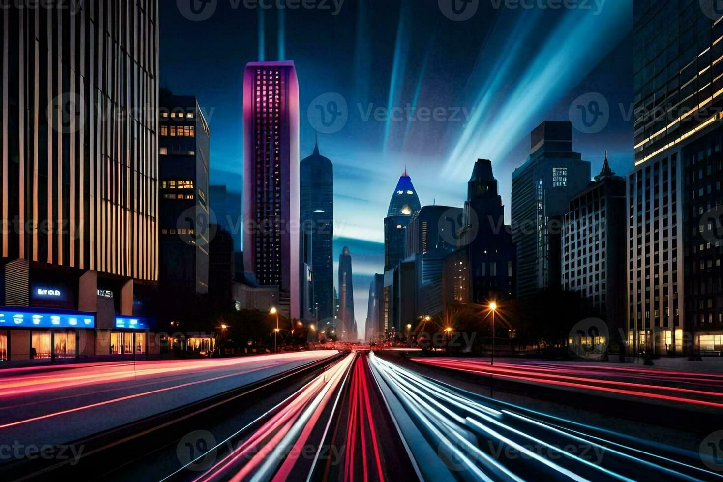 a city street at night with lights and cars. AI-Generated photo