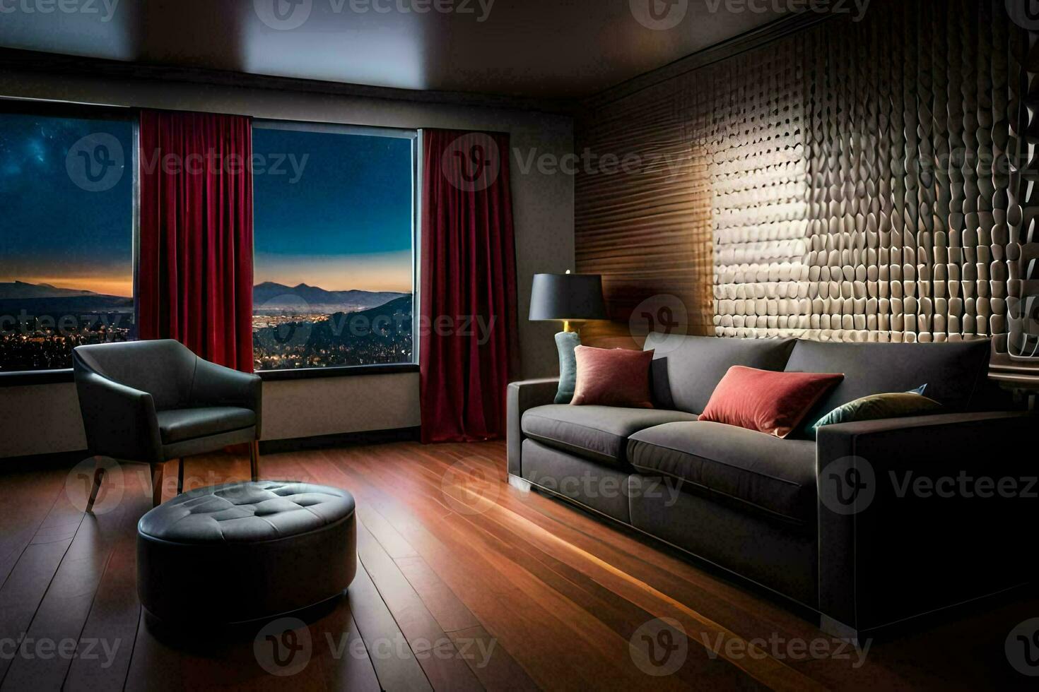 a living room with a view of the city and mountains. AI-Generated photo