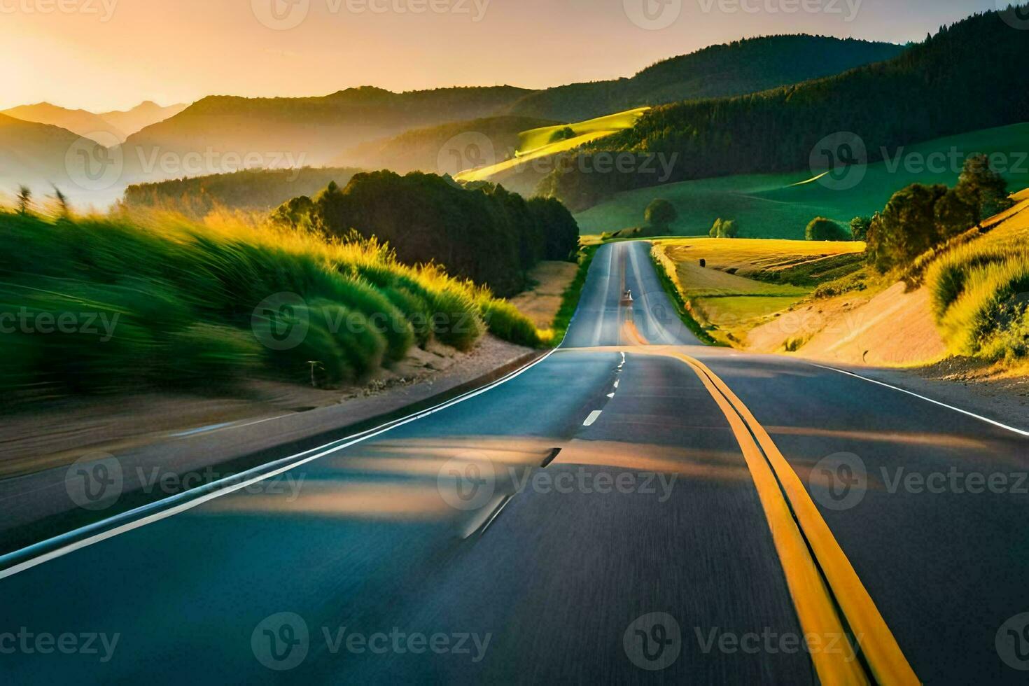a road in the mountains with the sun setting. AI-Generated photo