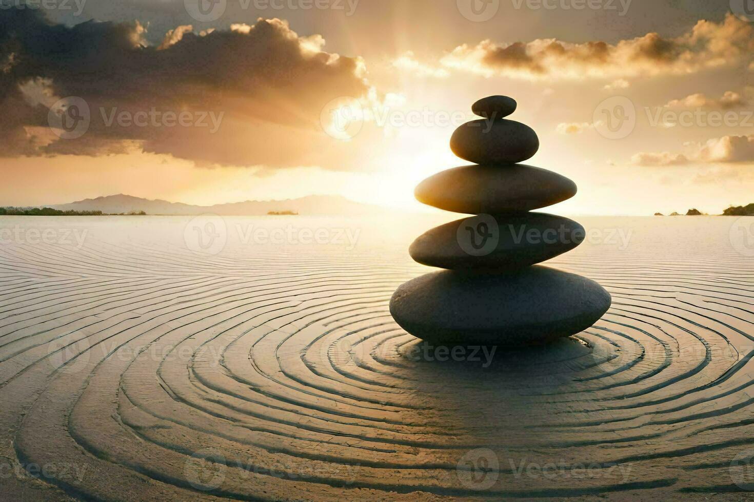 zen rocks stacked on the beach at sunset. AI-Generated photo