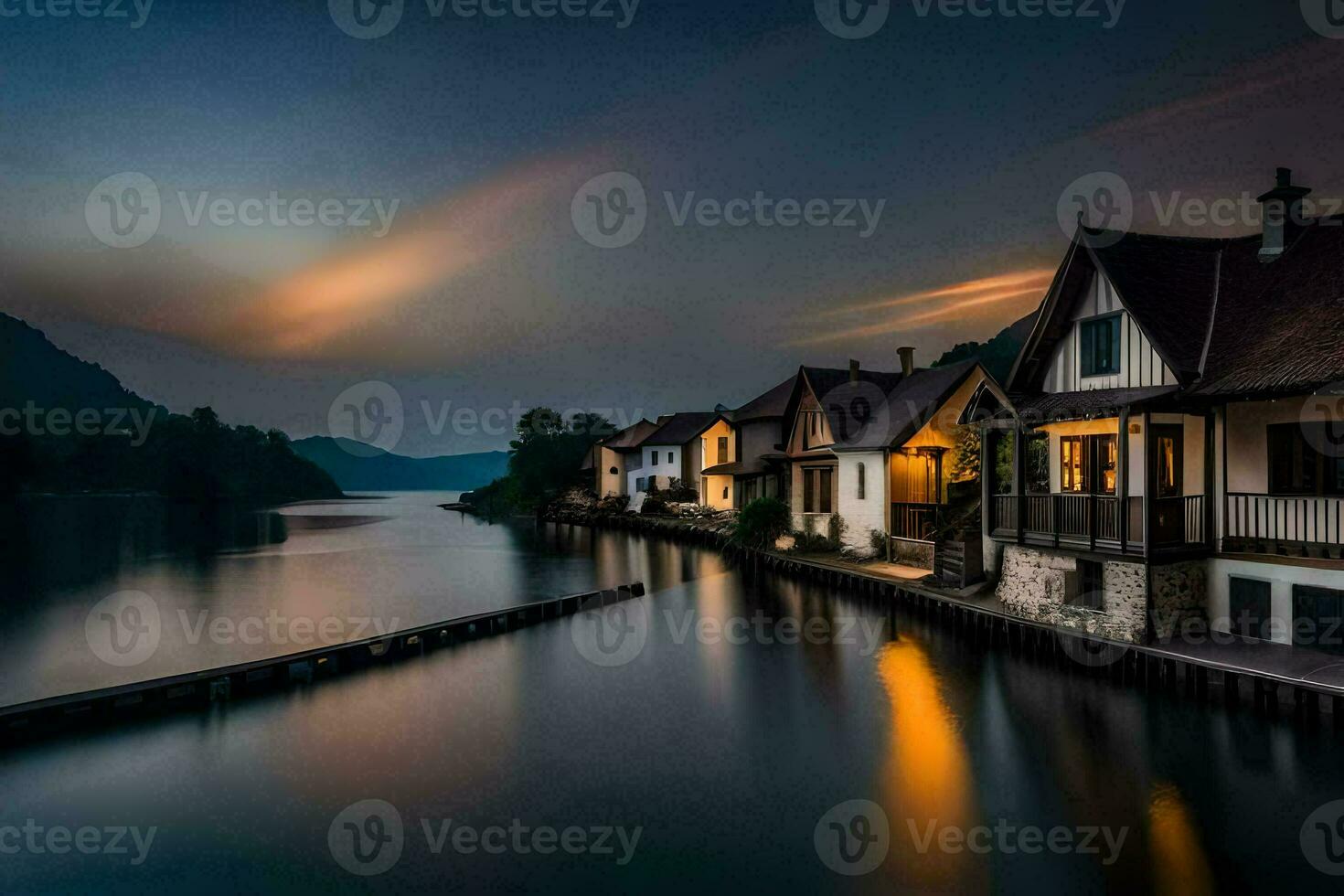 houses on the water at dusk. AI-Generated photo