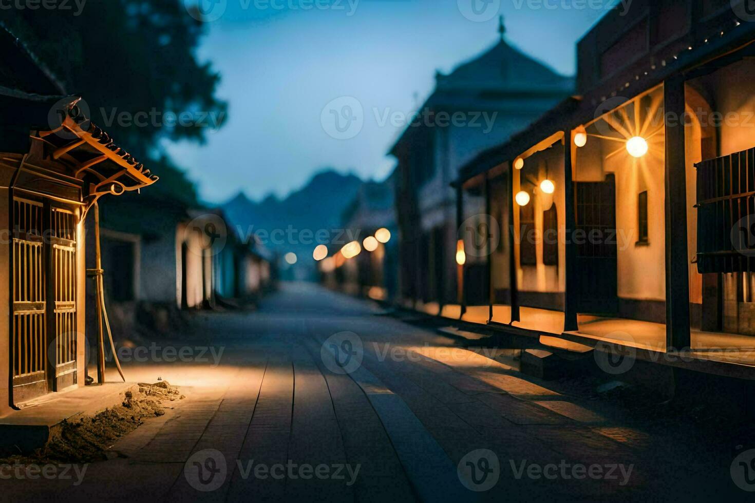 a street in the evening with lights on. AI-Generated photo