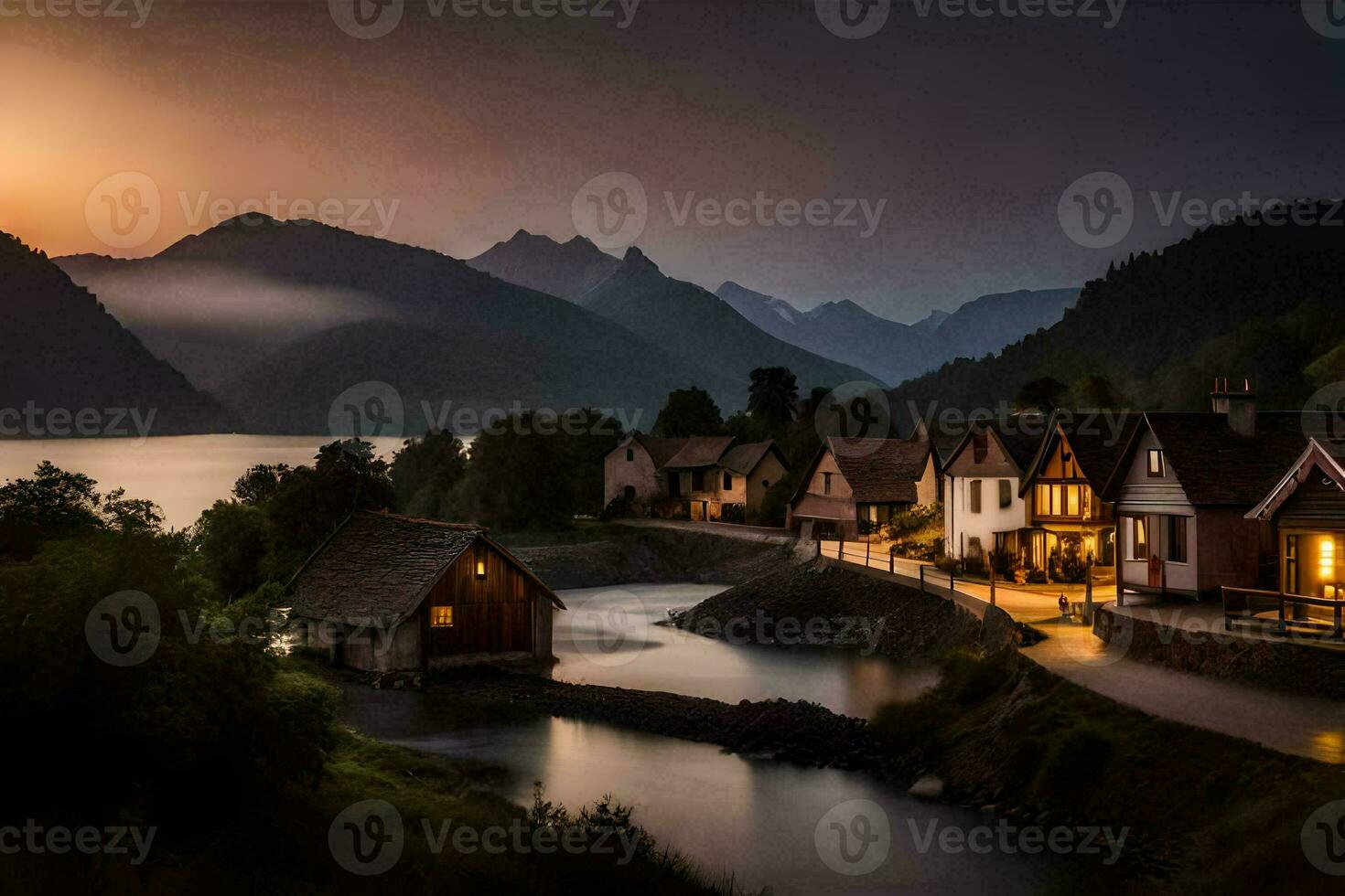 photo wallpaper the sky, mountains, water, house, lake, sunset, house, the mountains. AI-Generated