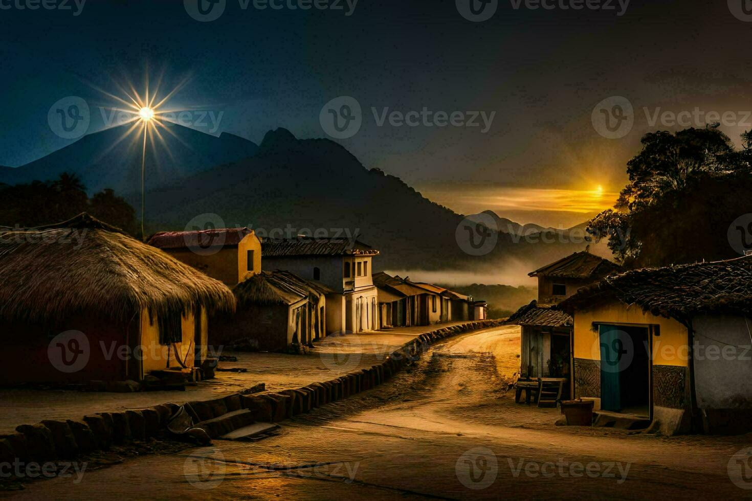 a village at sunset with mountains in the background. AI-Generated photo