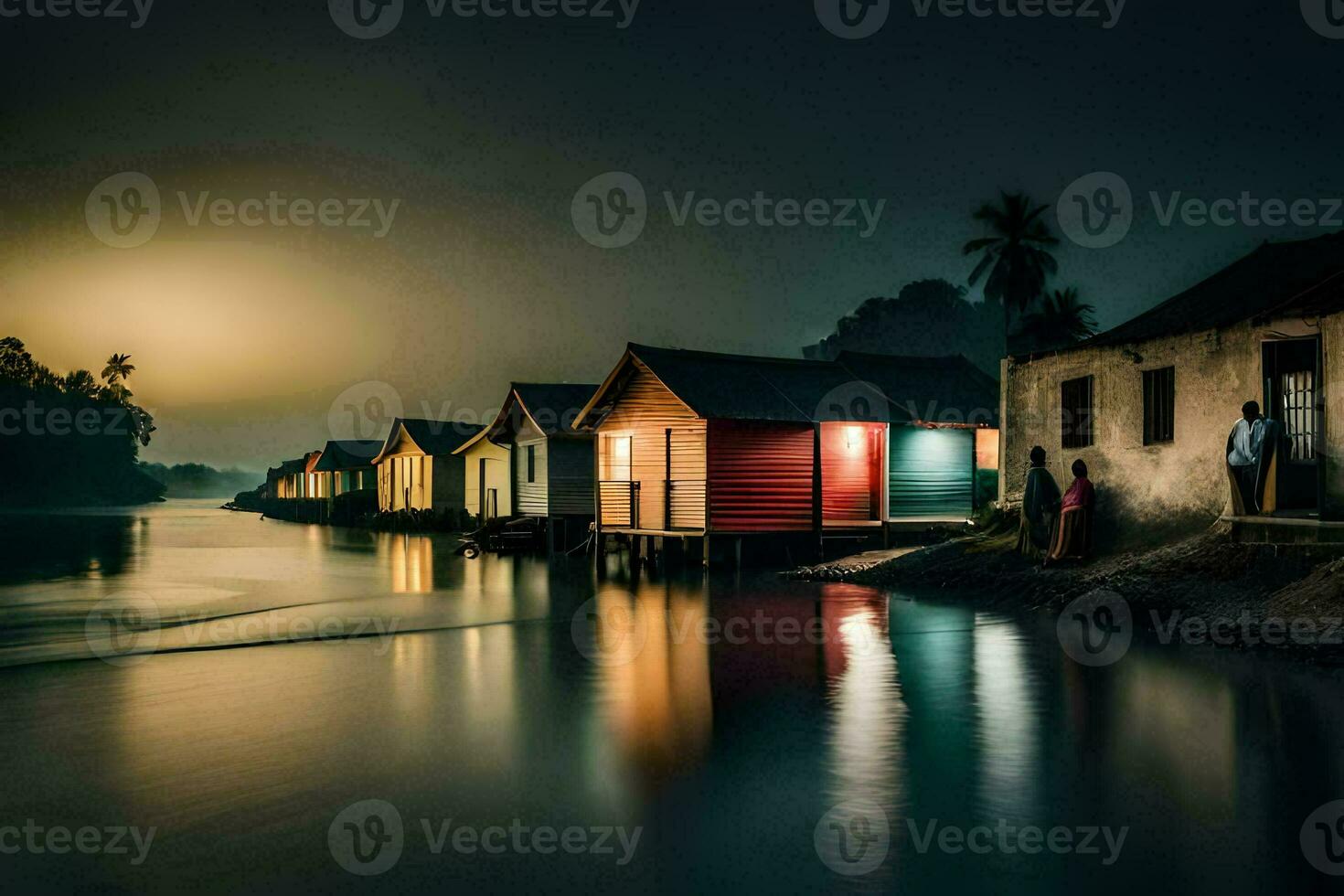 a row of houses on the shore of a river at night. AI-Generated photo