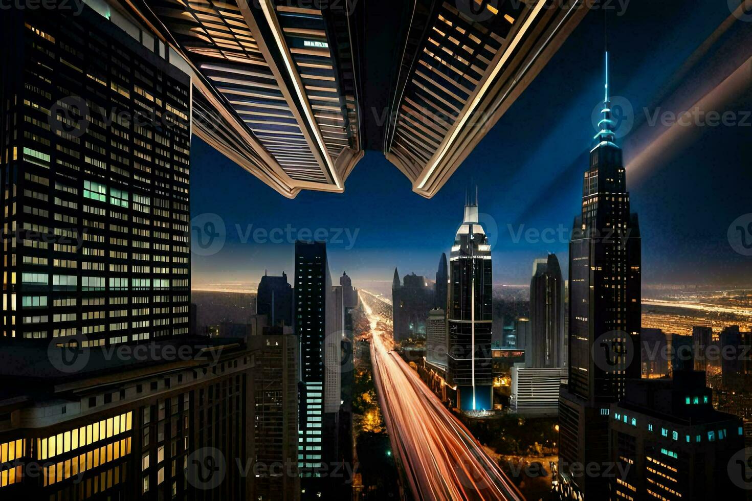 a city at night with long exposure photography. AI-Generated photo