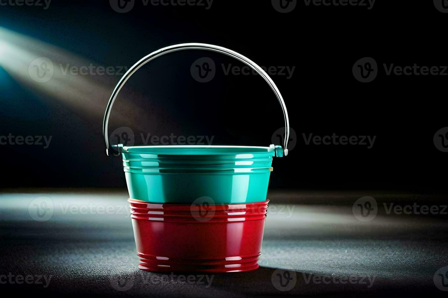 a red and green bucket on a dark background. AI-Generated photo