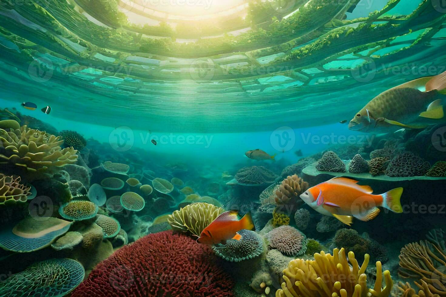 underwater scene with coral reef and fish. AI-Generated photo