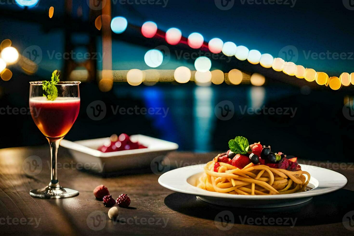 a plate of pasta and a glass of wine on a table. AI-Generated photo