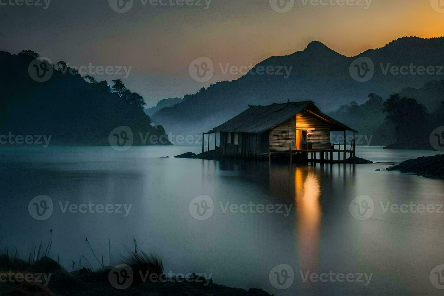 a small wooden hut sits on the shore of a lake at sunset. AI-Generated photo